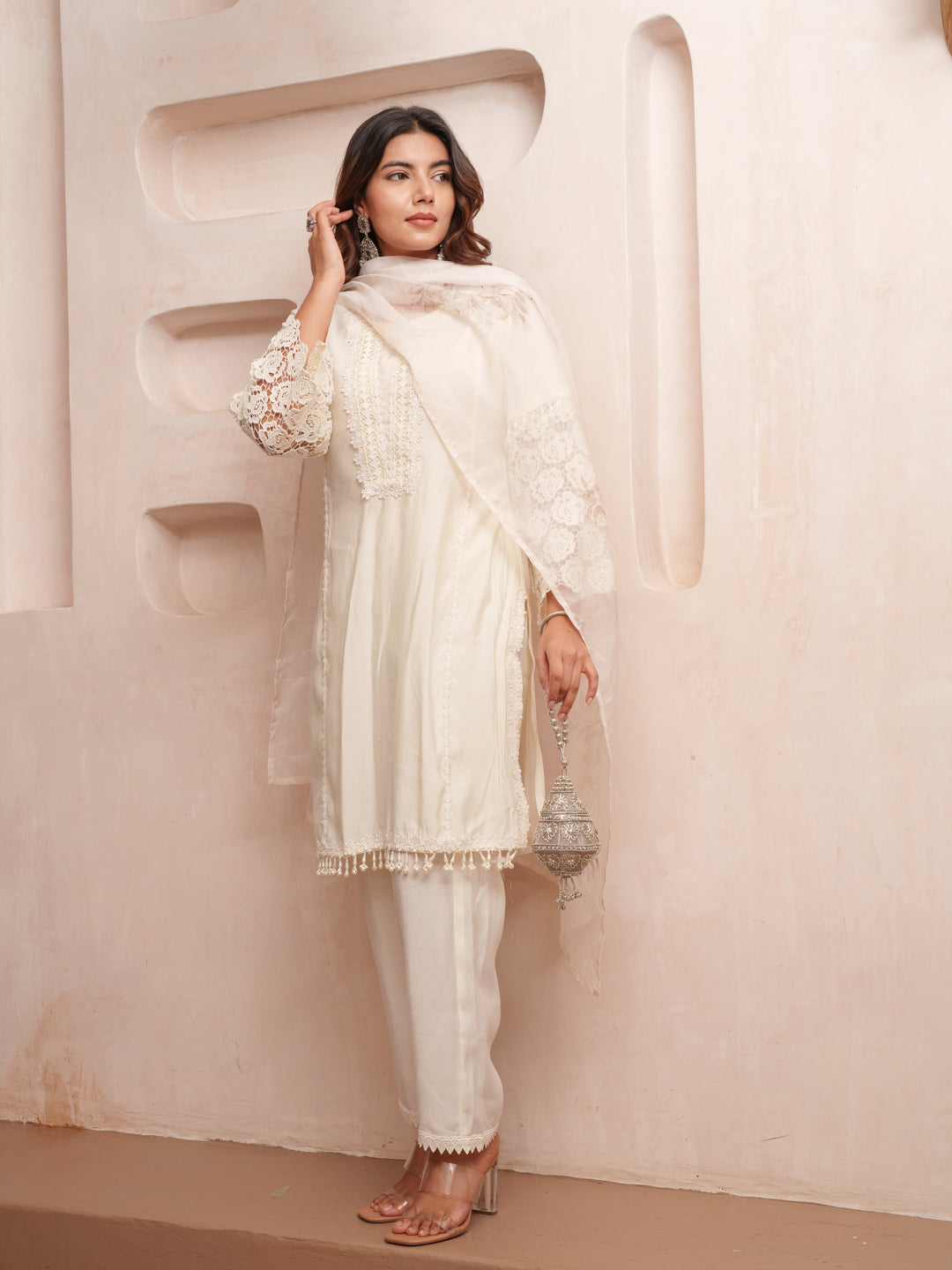 Rasion Silk  Lace Work with Bead Embellished Cream Kurta Pant & Dupatta