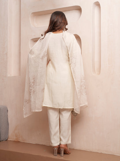Rasion Silk  Lace Work with Bead Embellished Cream Kurta Pant & Dupatta
