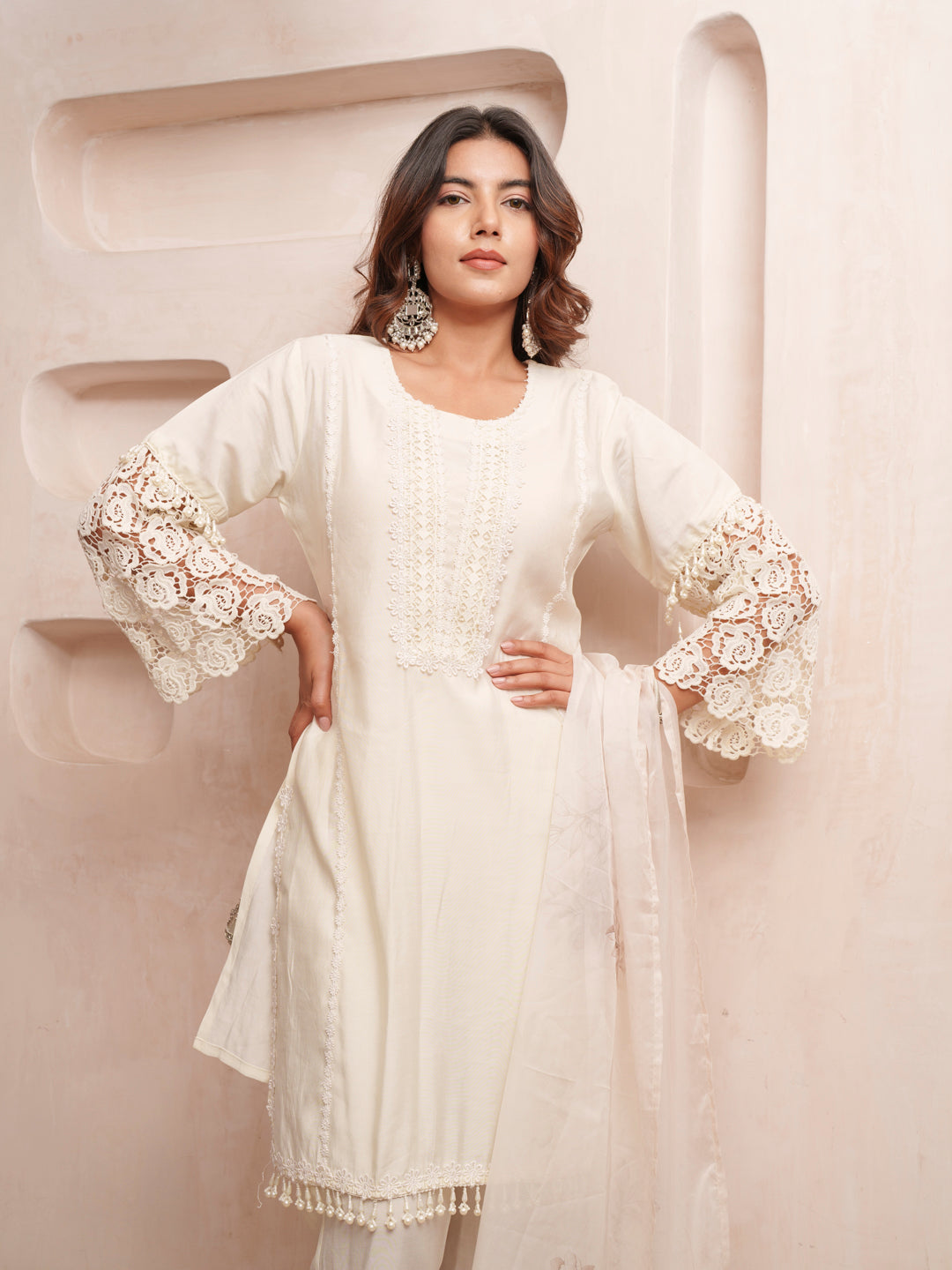 Rasion Silk  Lace Work with Bead Embellished Cream Kurta Pant & Dupatta
