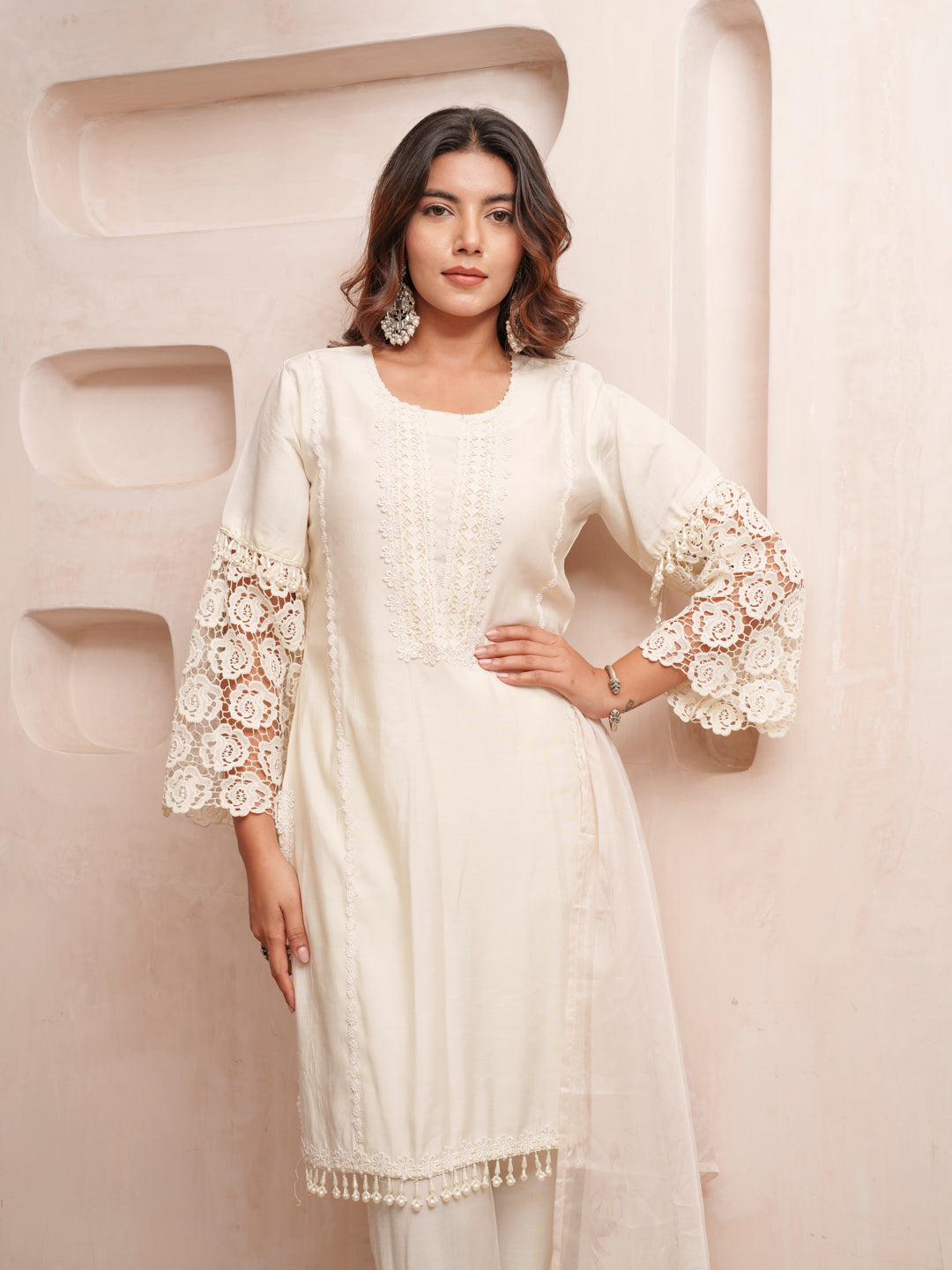 Rasion Silk  Lace Work with Bead Embellished Cream Kurta Pant & Dupatta