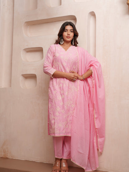 Cotton Floral Embroidered with Lace Detailed Pink Kurta Pant & Dupatta