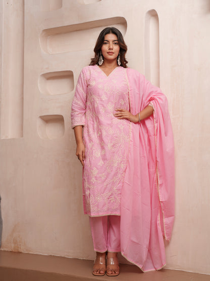 Cotton Floral Embroidered with Lace Detailed Pink Kurta Pant & Dupatta