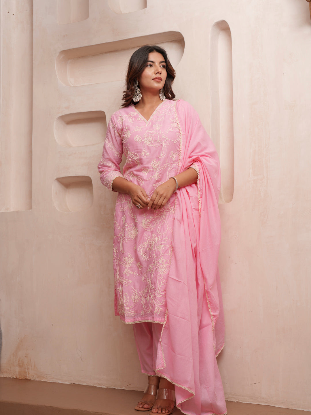 Cotton Floral Embroidered with Lace Detailed Pink Kurta Pant & Dupatta