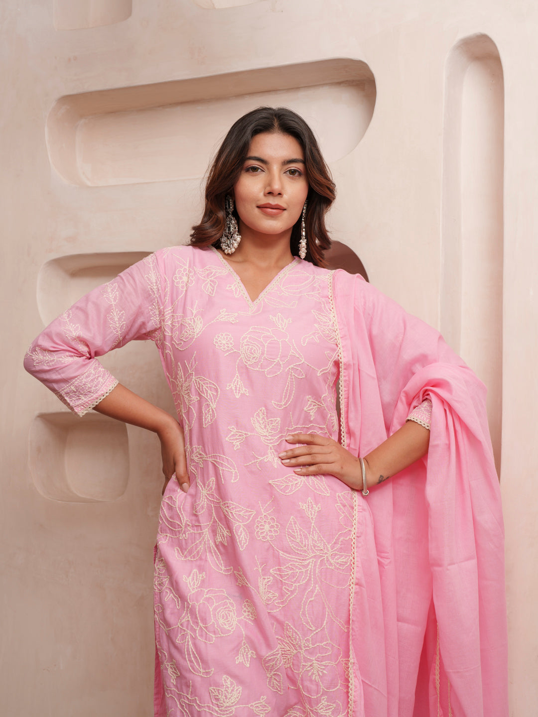 Cotton Floral Embroidered with Lace Detailed Pink Kurta Pant & Dupatta