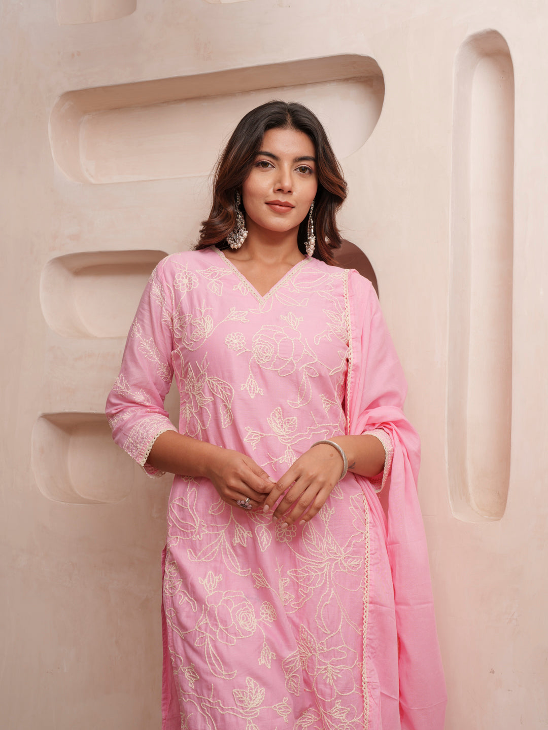 Cotton Floral Embroidered with Lace Detailed Pink Kurta Pant & Dupatta