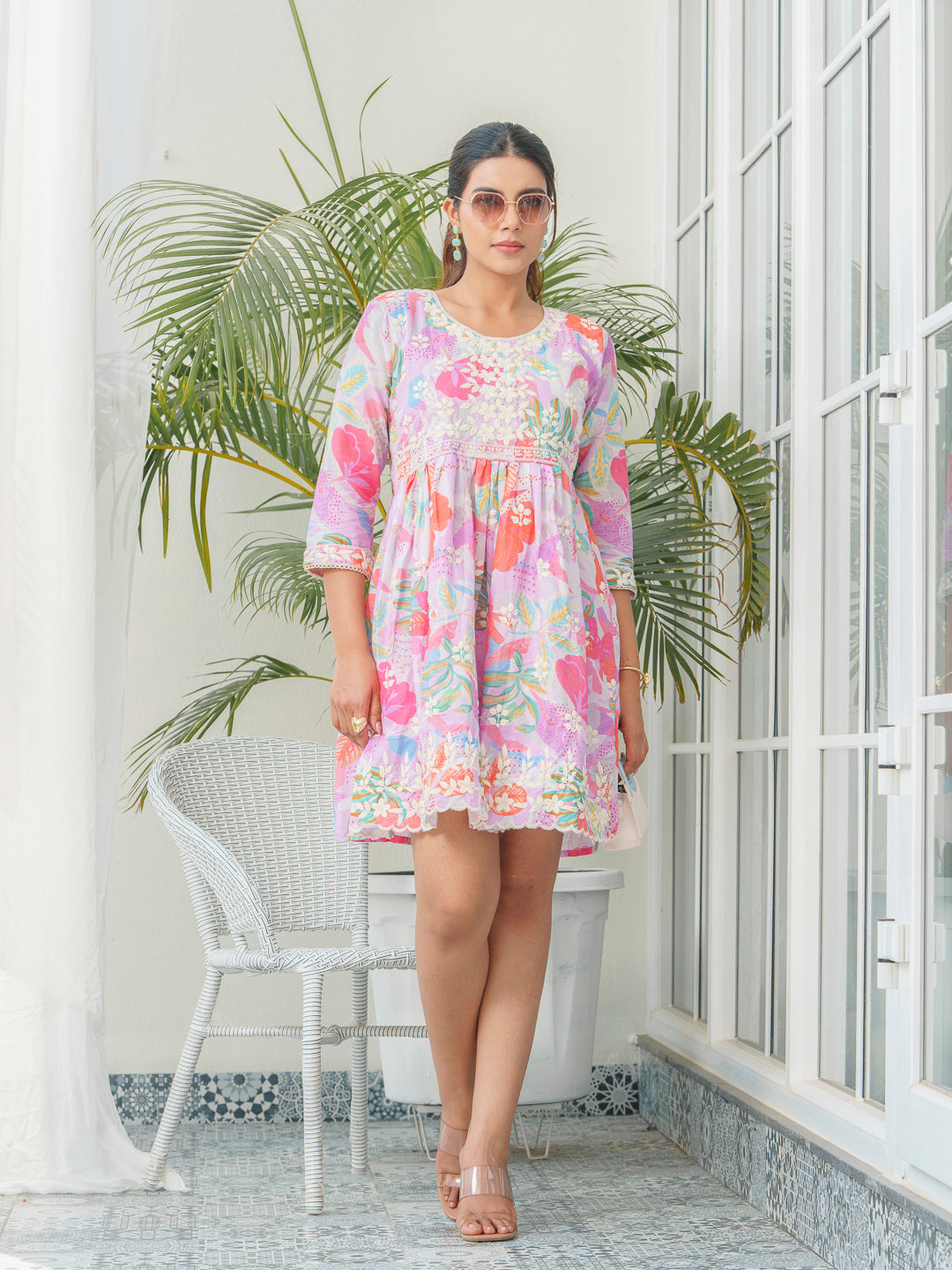 Floral Embroidered Pure Cotton Fit & Flare Dress