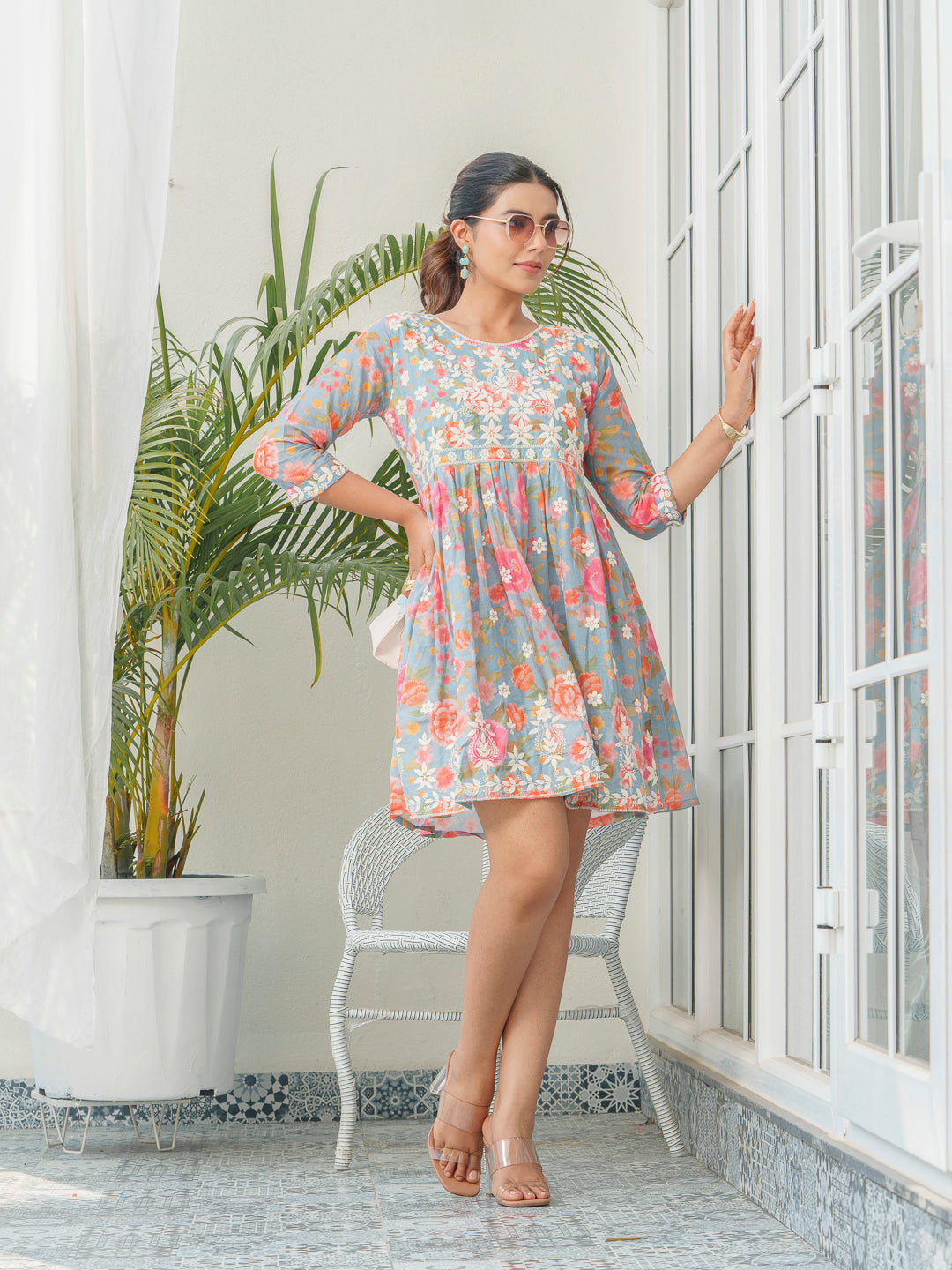 Women Floral Embroidered Pure Cotton Empire Dress