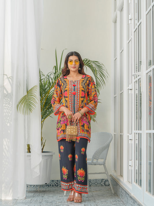 Traditional Printed Round Neck Tunic & Trousers Co-Ords