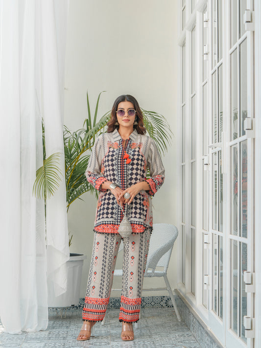 Geometric Printed Tunic With Trousers Co-Ords