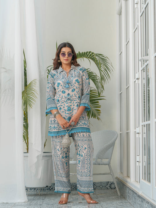Floral Printed Shirt Collar Tunic & Trousers Co-Ords
