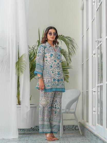 Floral Printed Shirt Collar Tunic & Trousers Co-Ords