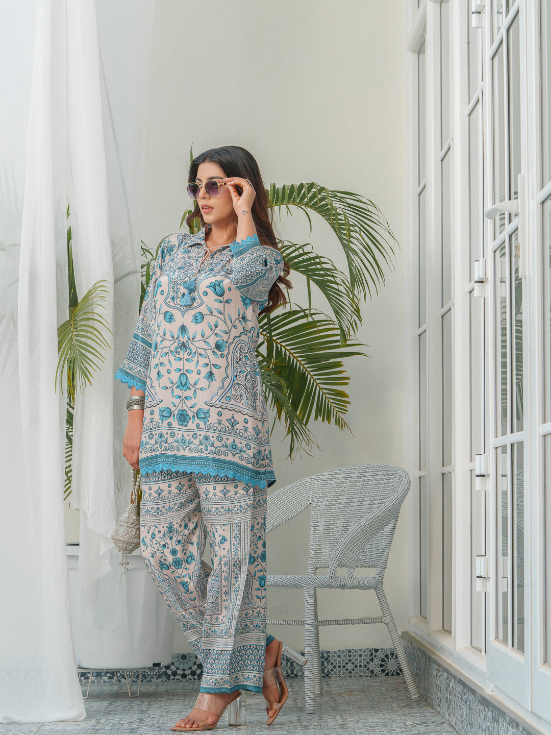 Floral Printed Shirt Collar Tunic & Trousers Co-Ords