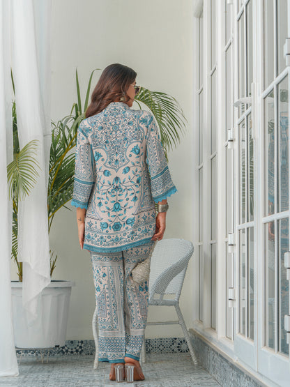 Floral Printed Shirt Collar Tunic & Trousers Co-Ords