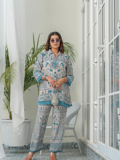 Floral Printed Shirt Collar Tunic & Trousers Co-Ords