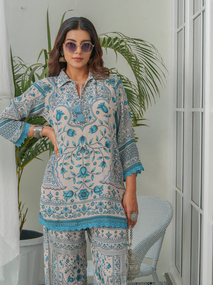 Floral Printed Shirt Collar Tunic & Trousers Co-Ords