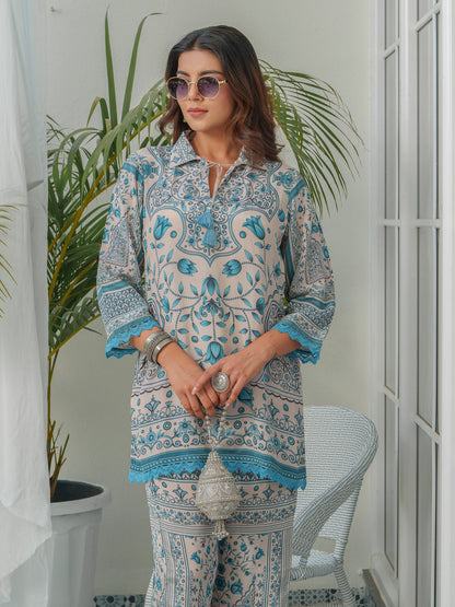 Floral Printed Shirt Collar Tunic & Trousers Co-Ords