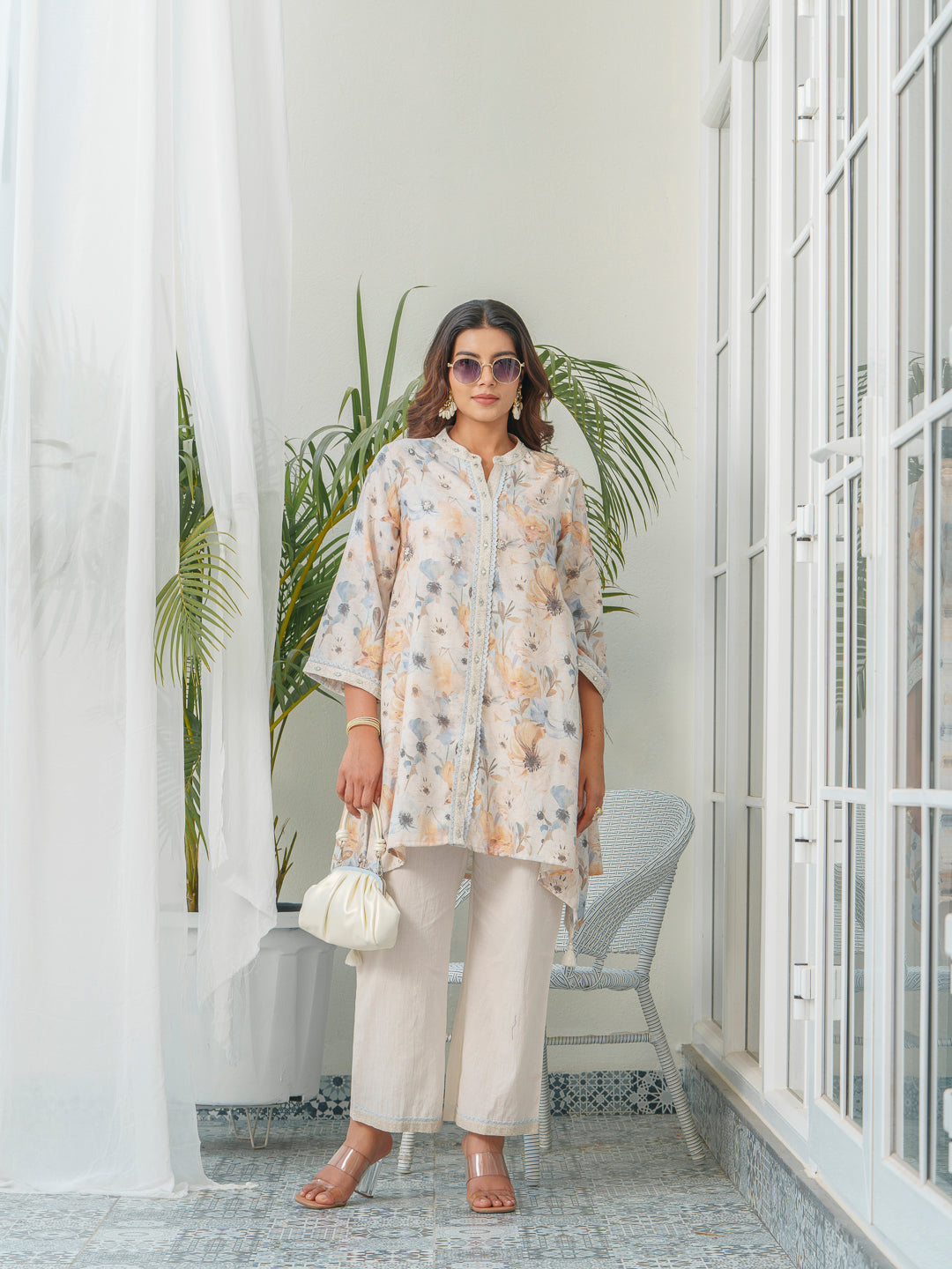 Floral Printed Mandarin Collar Linen Tunic & Trousers