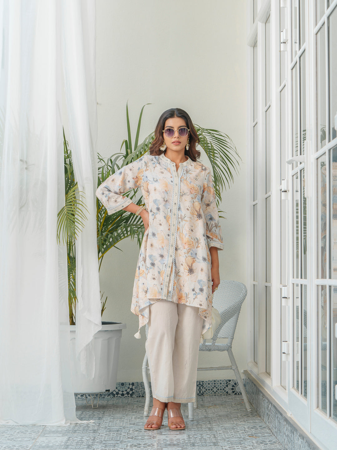 Floral Printed Mandarin Collar Linen Tunic & Trousers