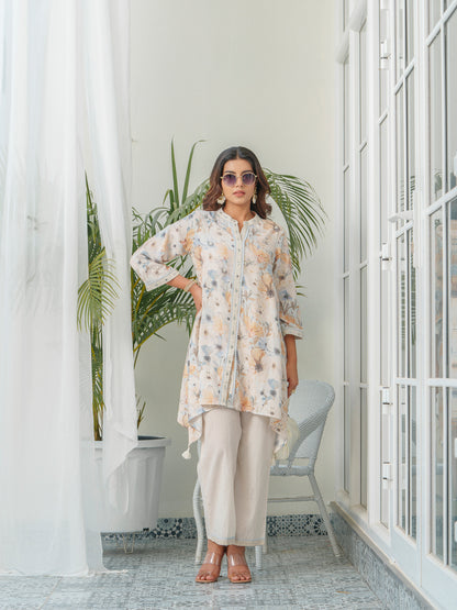 Floral Printed Mandarin Collar Linen Tunic & Trousers