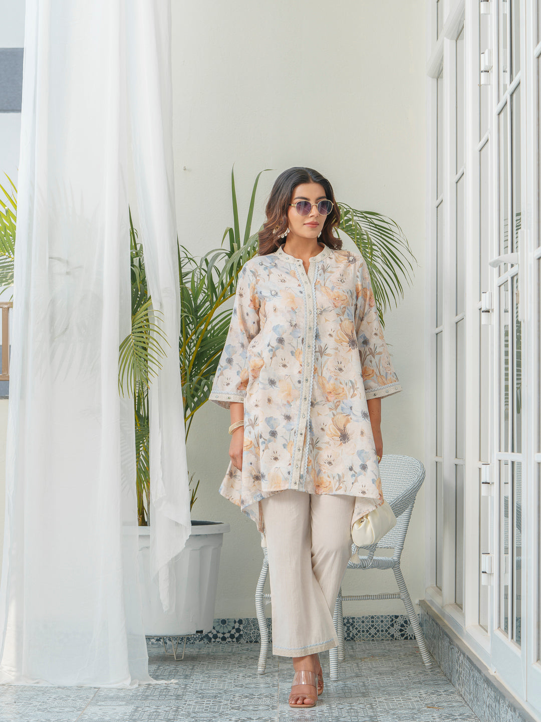 Floral Printed Mandarin Collar Linen Tunic & Trousers