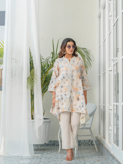 Floral Printed Mandarin Collar Linen Tunic & Trousers