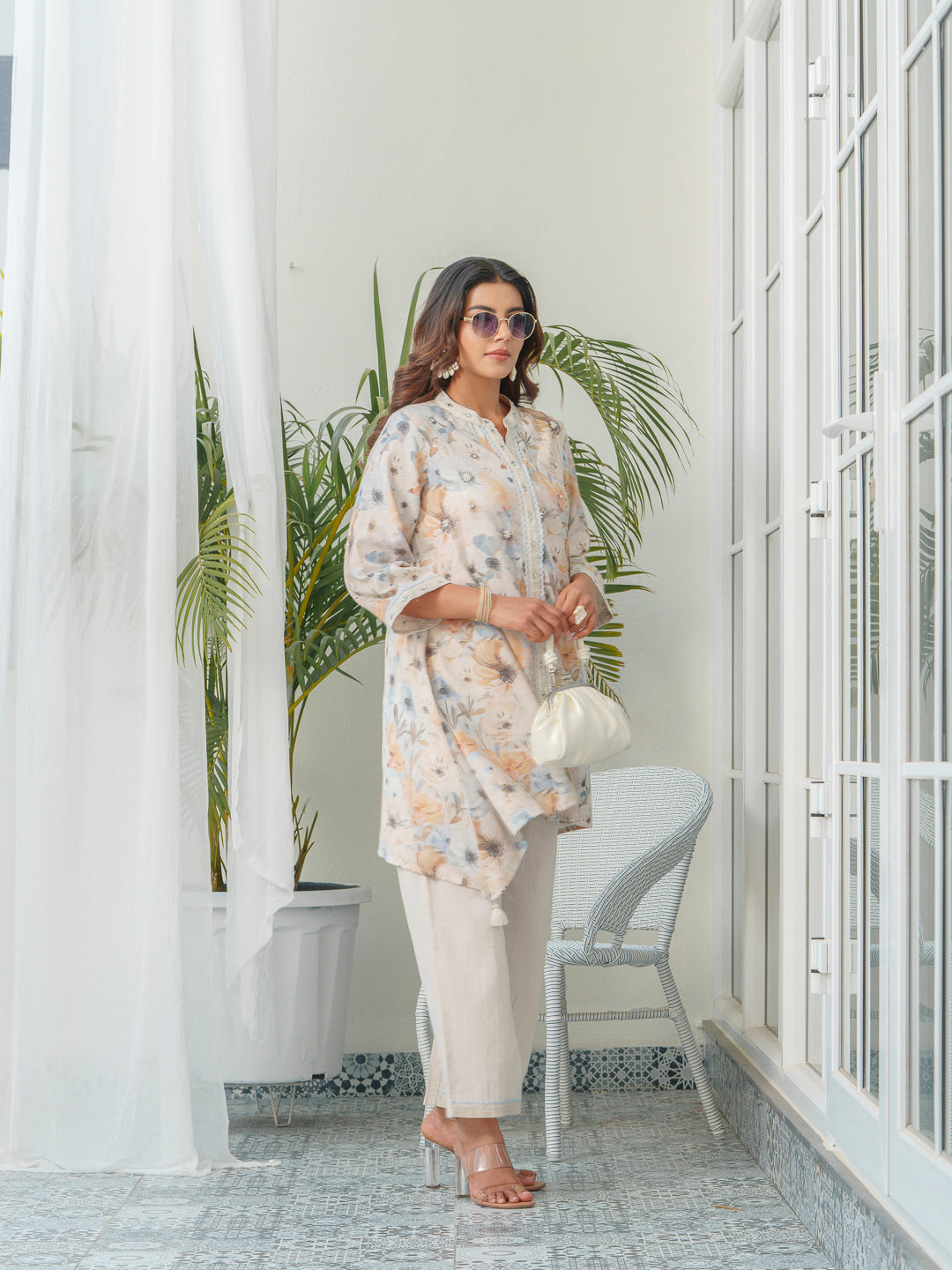 Floral Printed Mandarin Collar Linen Tunic & Trousers