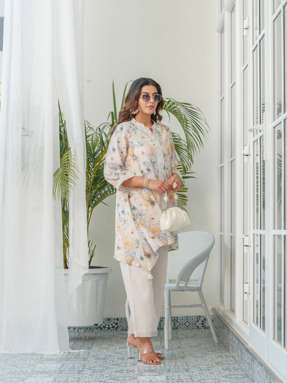 Floral Printed Mandarin Collar Linen Tunic & Trousers