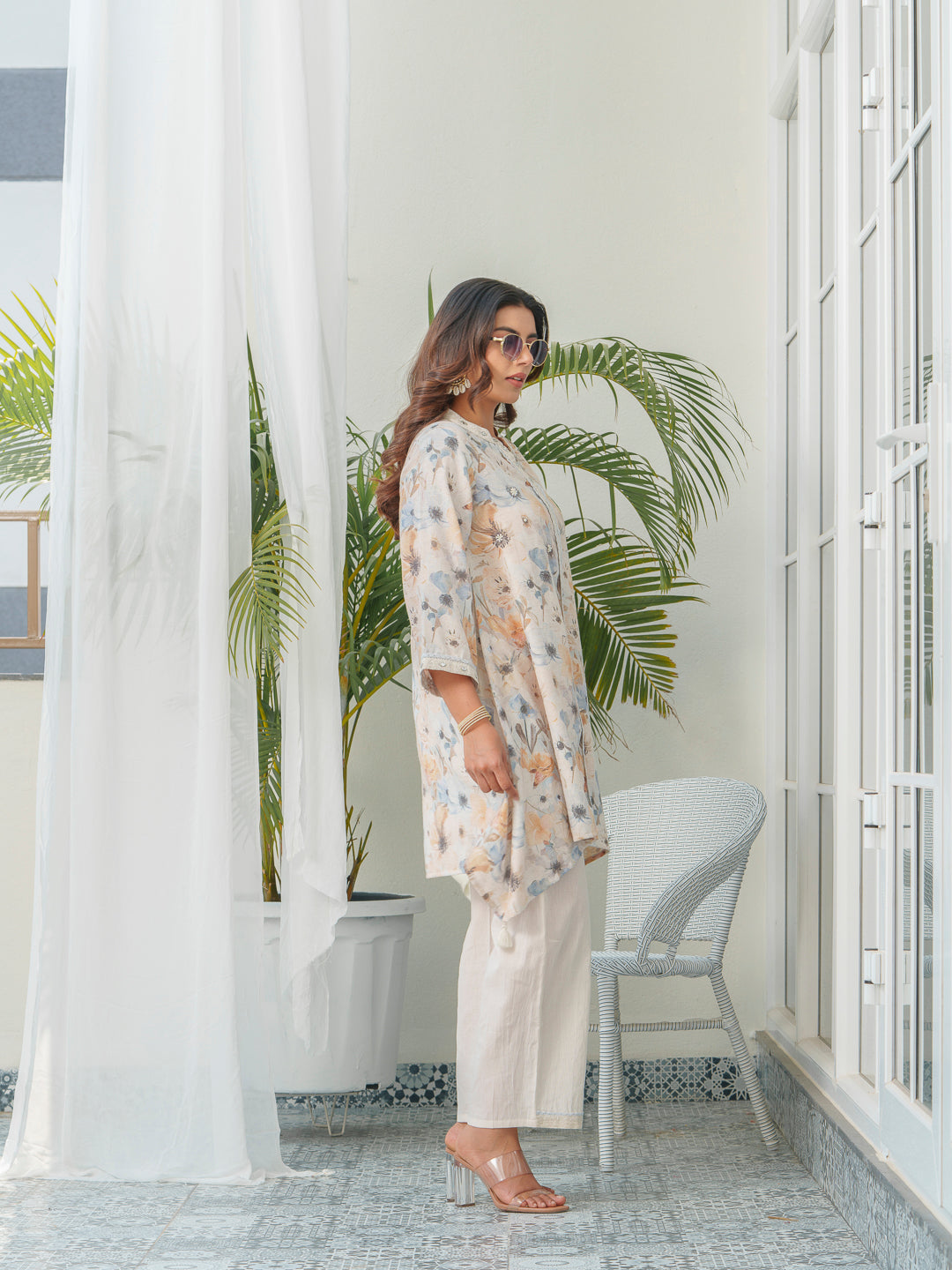 Floral Printed Mandarin Collar Linen Tunic & Trousers