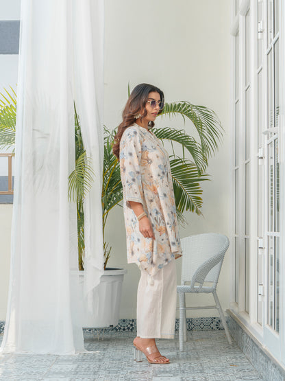 Floral Printed Mandarin Collar Linen Tunic & Trousers