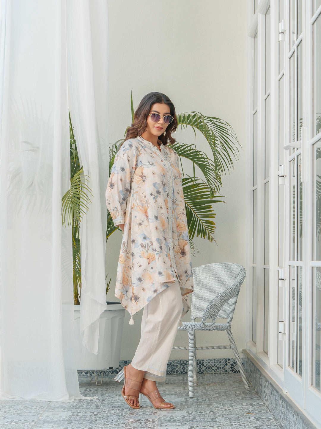 Floral Printed Mandarin Collar Linen Tunic & Trousers