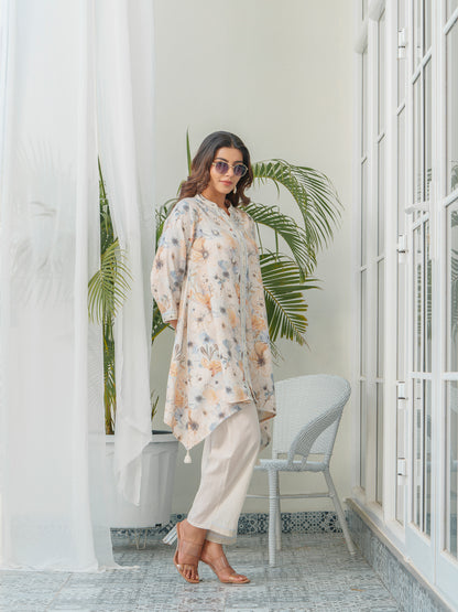 Floral Printed Mandarin Collar Linen Tunic & Trousers