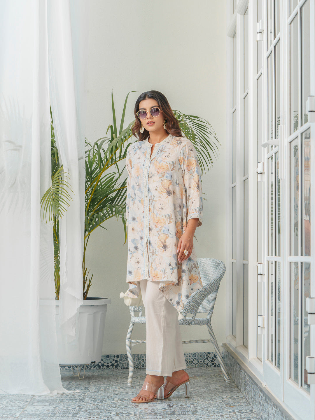 Floral Printed Mandarin Collar Linen Tunic & Trousers