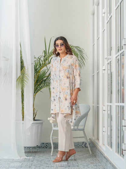 Floral Printed Mandarin Collar Linen Tunic & Trousers