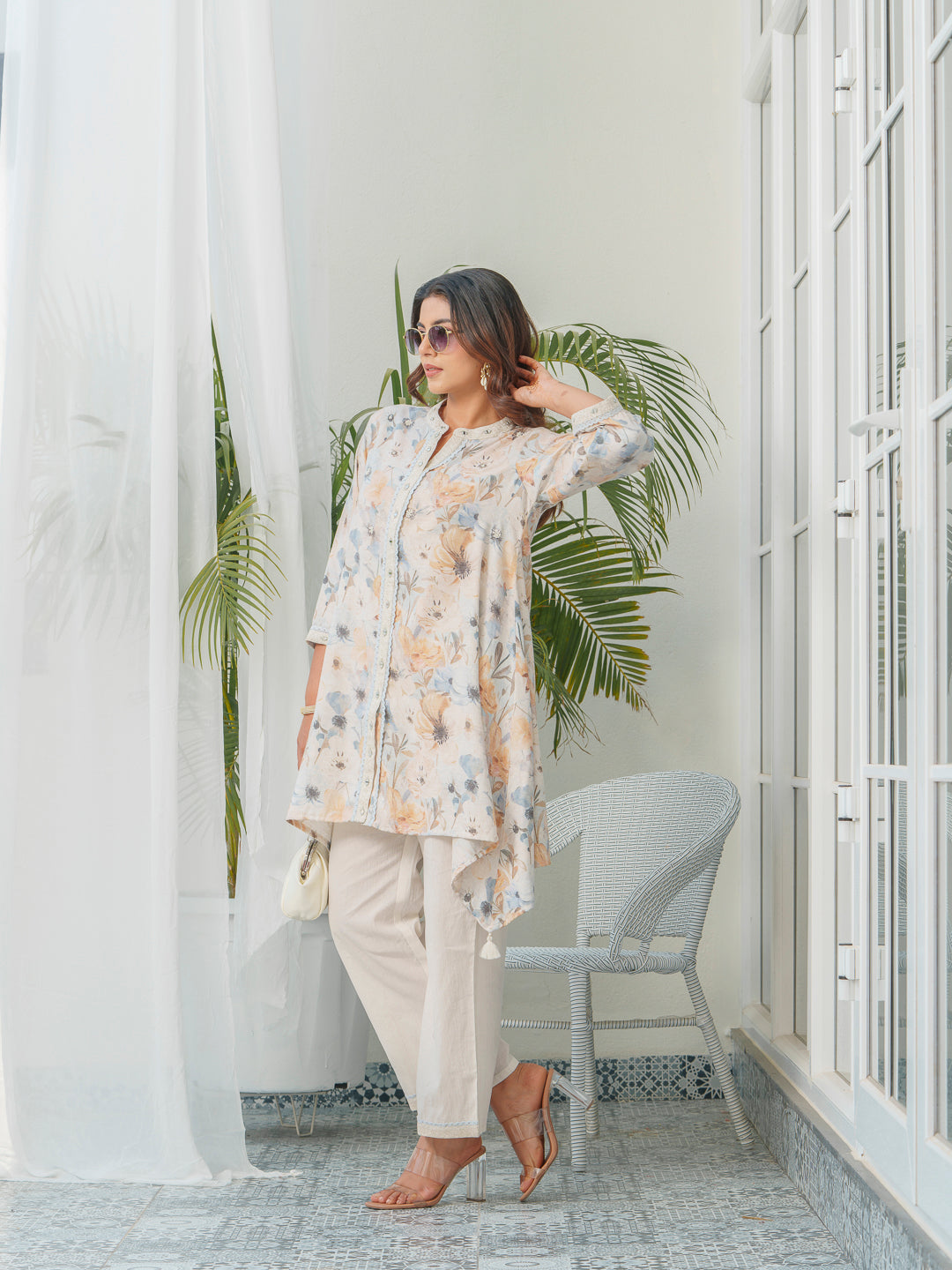 Floral Printed Mandarin Collar Linen Tunic & Trousers