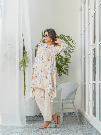 Floral Printed Mandarin Collar Linen Tunic & Trousers