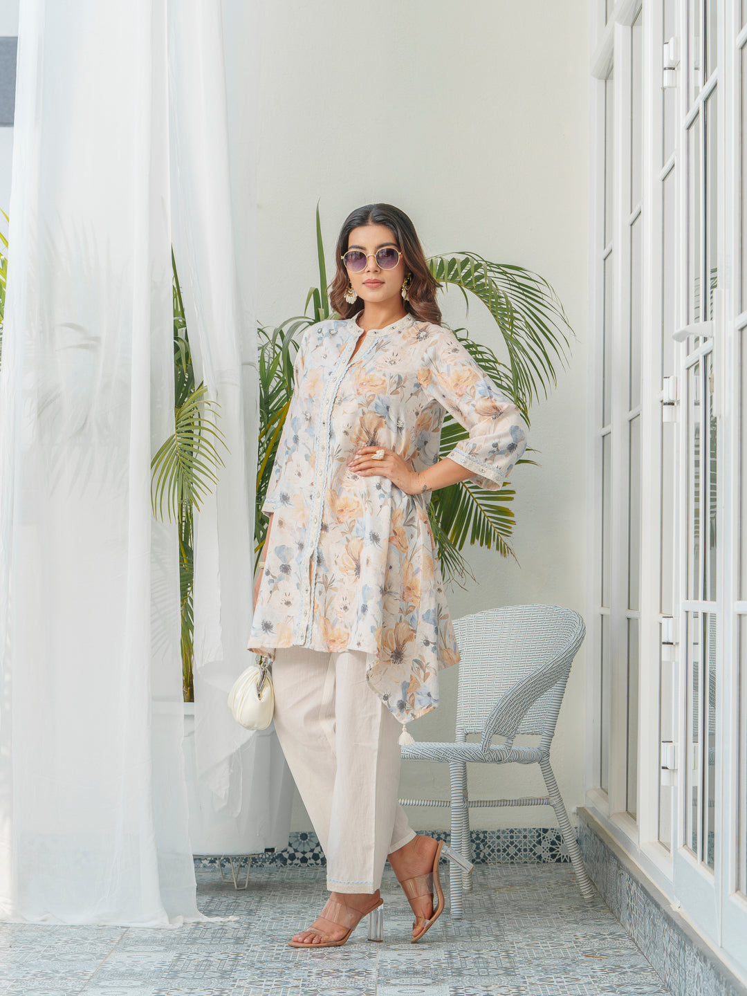 Floral Printed Mandarin Collar Linen Tunic & Trousers