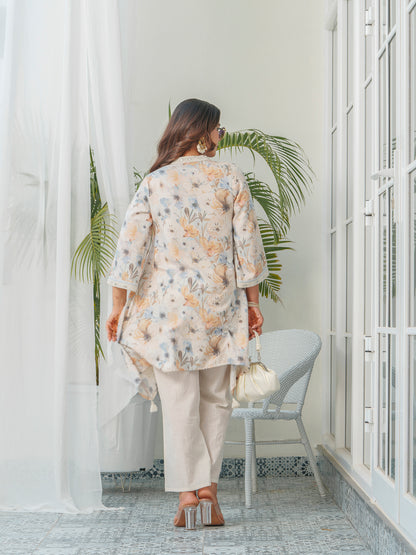 Floral Printed Mandarin Collar Linen Tunic & Trousers