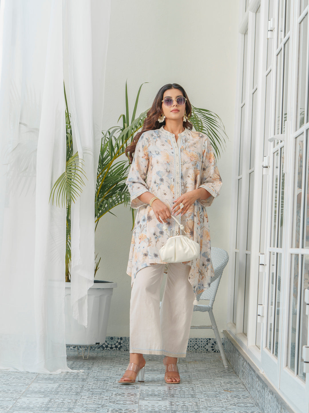 Floral Printed Mandarin Collar Linen Tunic & Trousers