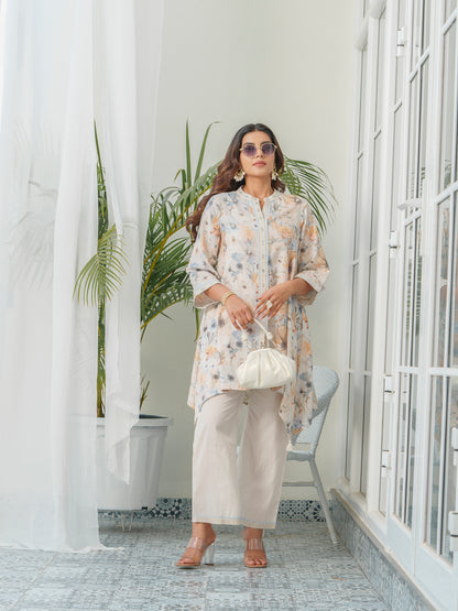 Floral Printed Mandarin Collar Linen Tunic & Trousers