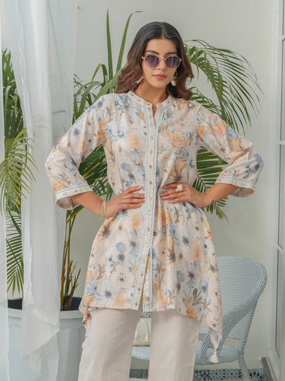 Floral Printed Mandarin Collar Linen Tunic & Trousers