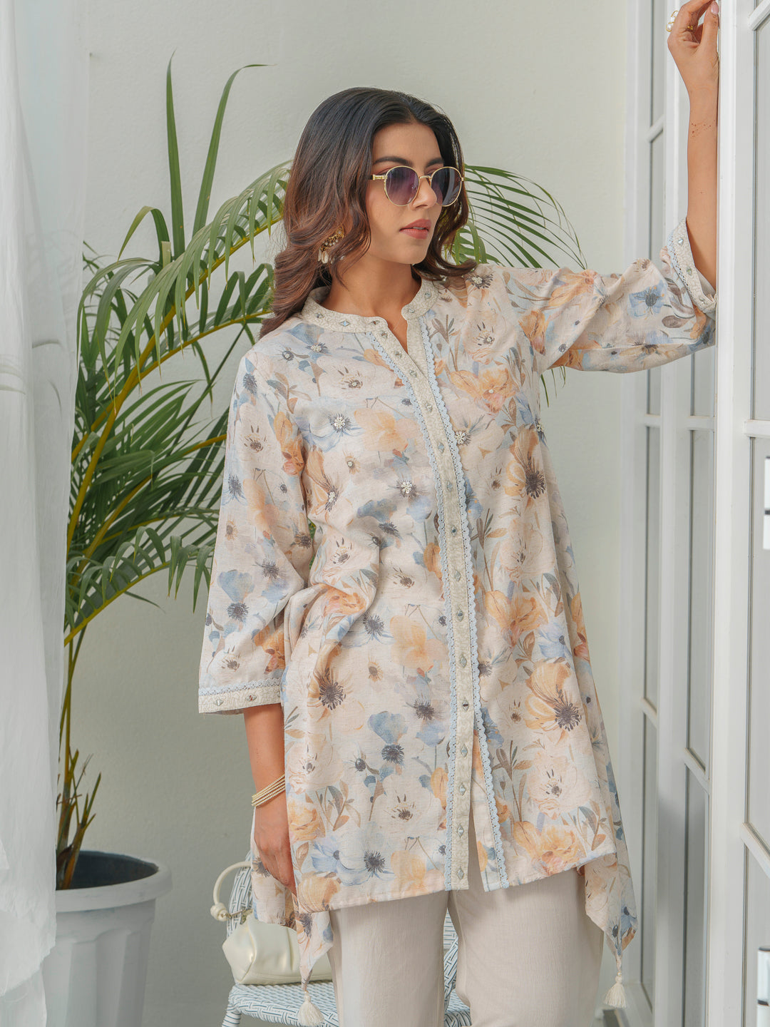 Floral Printed Mandarin Collar Linen Tunic & Trousers