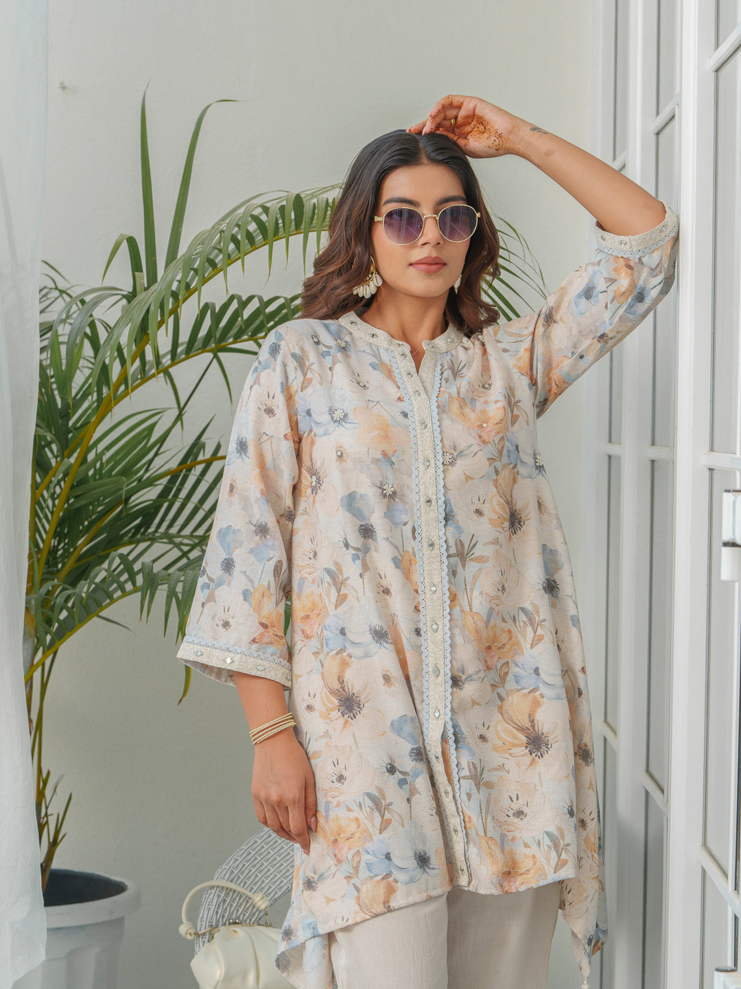 Floral Printed Mandarin Collar Linen Tunic & Trousers