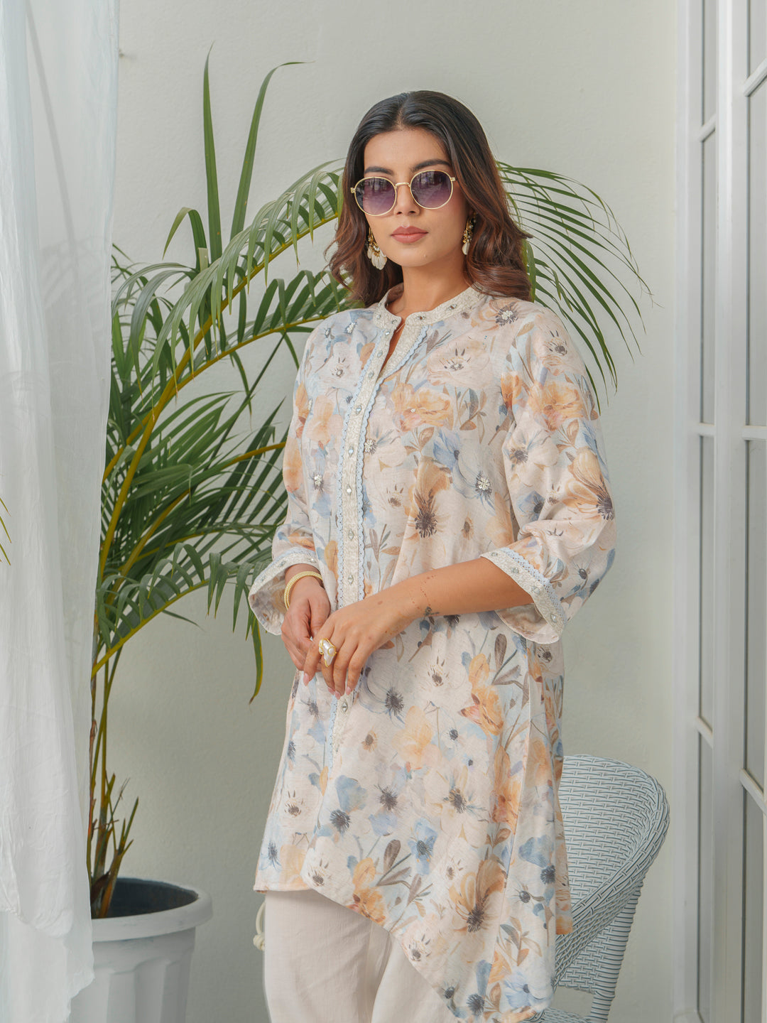 Floral Printed Mandarin Collar Linen Tunic & Trousers