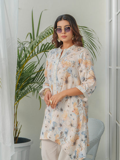 Floral Printed Mandarin Collar Linen Tunic & Trousers