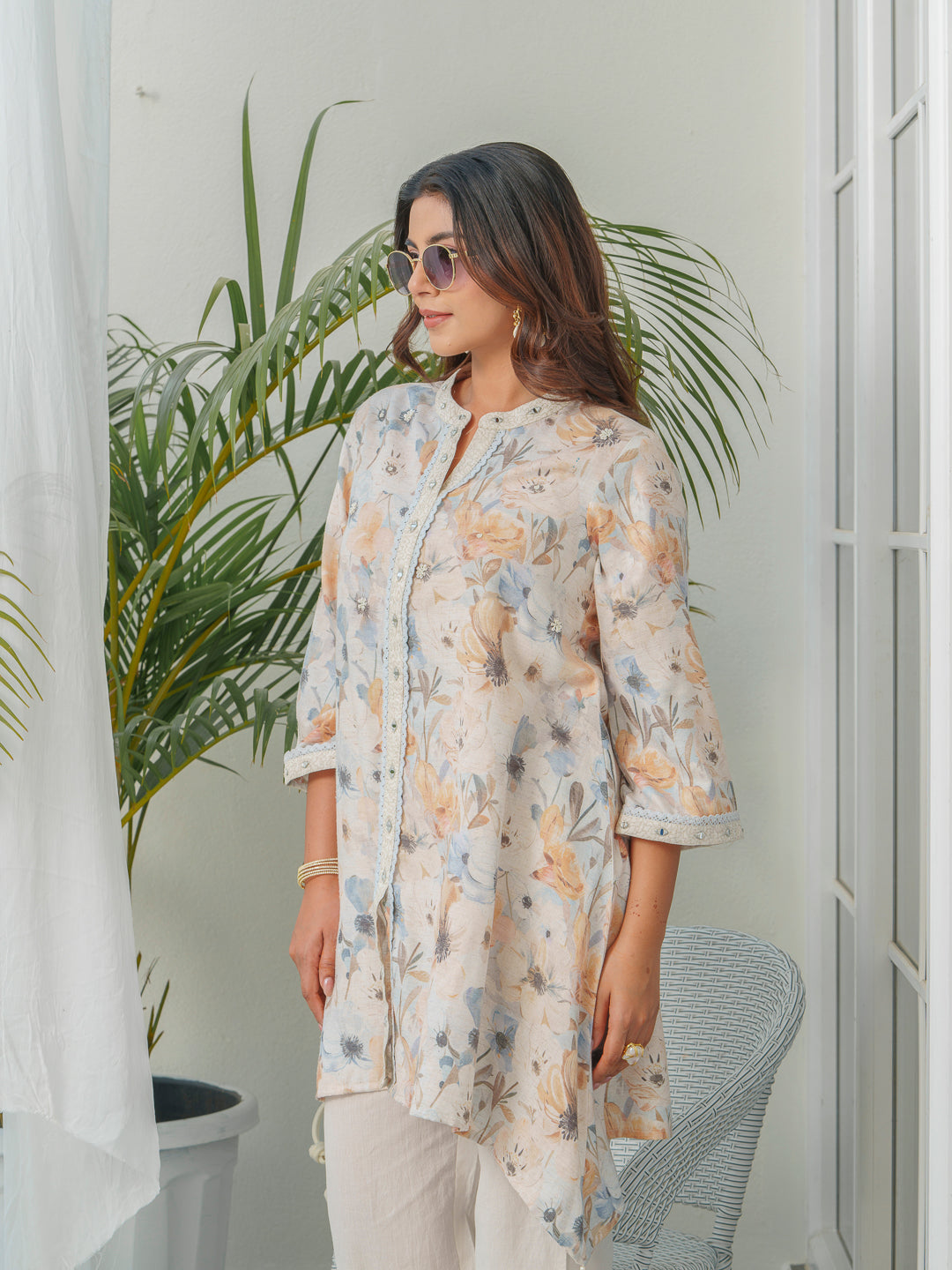 Floral Printed Mandarin Collar Linen Tunic & Trousers