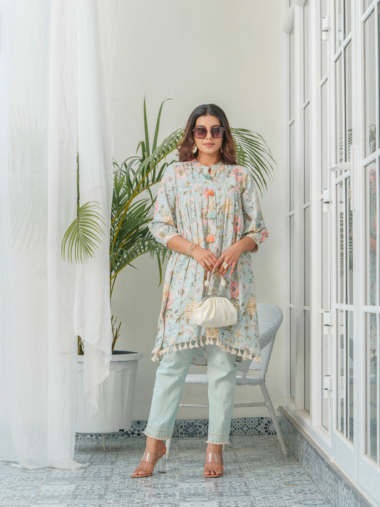 Floral Printed Mandarin Collar Linen Pleated Tunic With Trousers