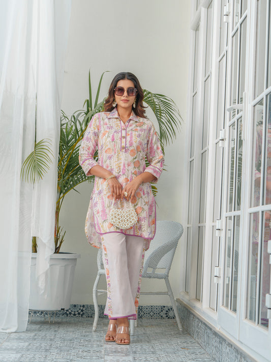 Floral Printed Shirt Collar Tunic & Trousers Co-Ords