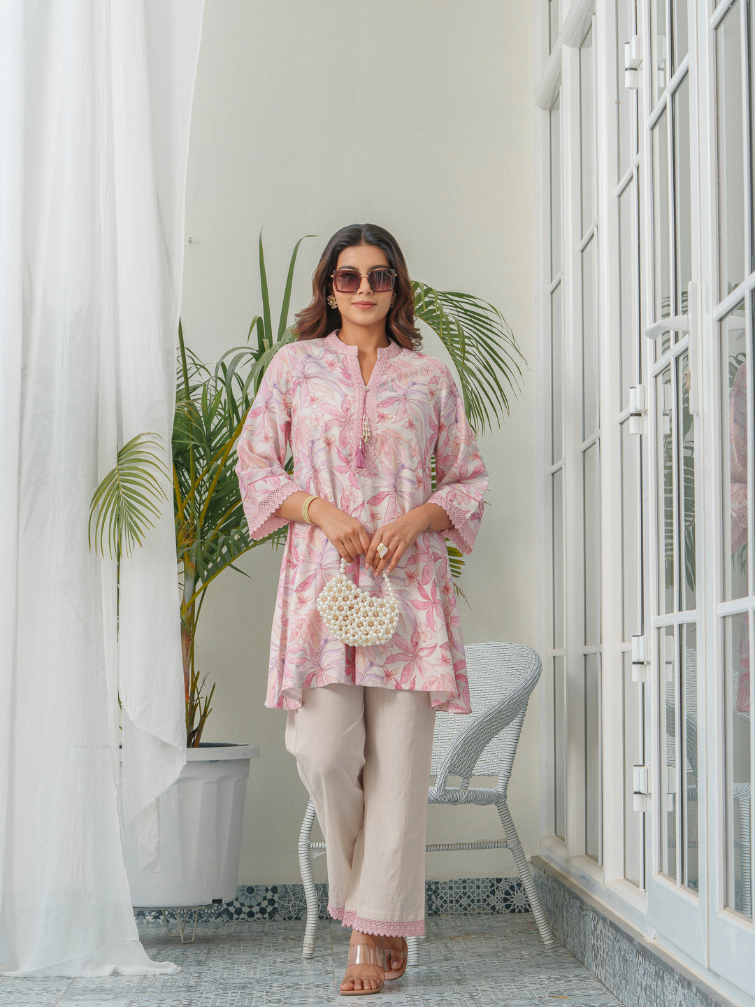 Floral Printed Mandarin Collar Linen Tunic With Trousers