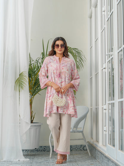 Floral Printed Mandarin Collar Linen Tunic With Trousers