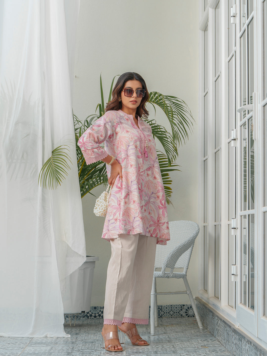 Floral Printed Mandarin Collar Linen Tunic With Trousers